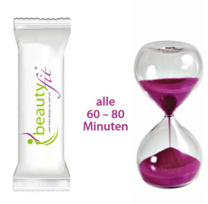 Vitalstoffriegel liegt neben einer lila Sanduhr und dem Text "alle 60-80 Minuten" auf weißem Hintergrund.