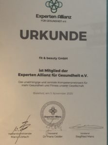 Fit & beauty GmbH erhält am 3.11.2020 eine Mitgliedsurkunde der Experten Allianz für Gesundheit e.V.
