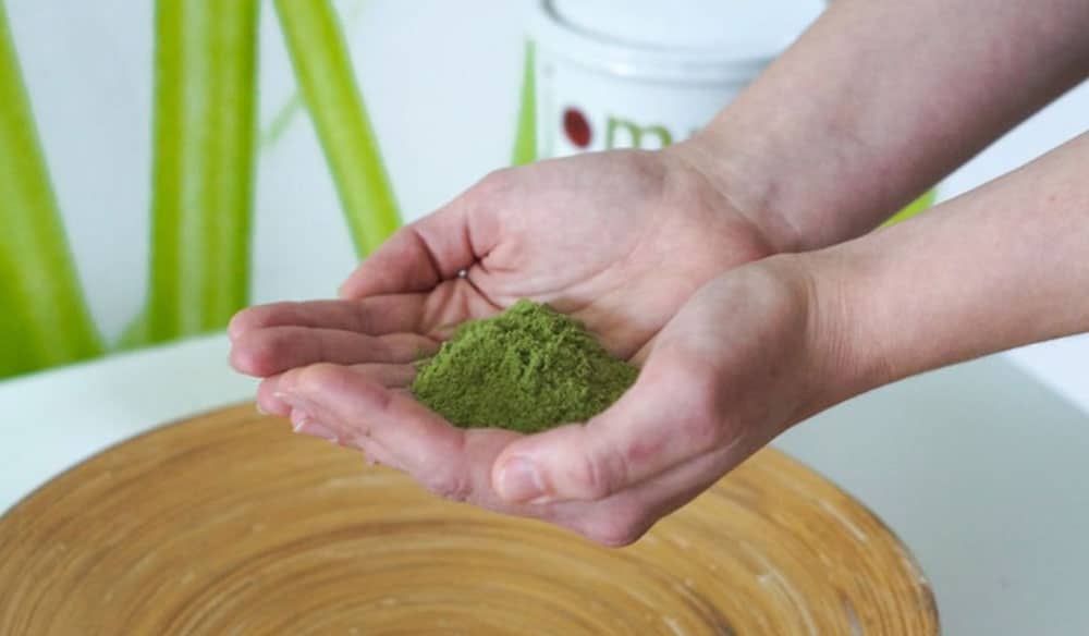 Person hält Bio-Gerstengraspulver in den Händen über rundem Holztisch und zeigt gesunde Ernährung.