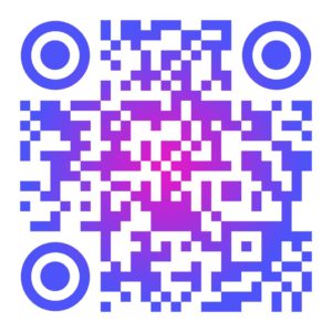 Bunt gestalteter QR-Code mit lila-pinkem Farbverlauf und geometrischen Mustern in den Ecken auf weißem Hintergrund.