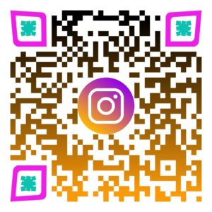 QR-Code im Instagram-Stil mit Braun-Gelb-Verlauf und grünen Symbolen in pinken Ecken auf weißem Hintergrund.