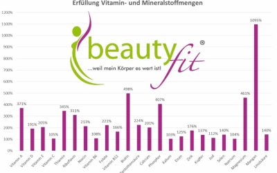 Balkendiagramm zeigt Erfüllungsprozente von Vitaminen und Mineralstoffen, Magnesium liegt mit 1095 % am höchsten.