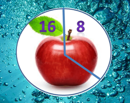 Rotes Apfelmotiv mit Linien und Zahlen 16/8 als Symbol für Intervallfasten vor blauem, wasserbläschenartigem Hintergrund.