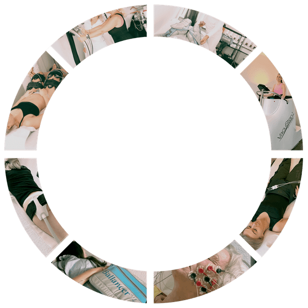 Runde Collage mit Frauen bei verschiedenen Beauty- und Wellnessanwendungen in Spa- oder Klinikräumen.