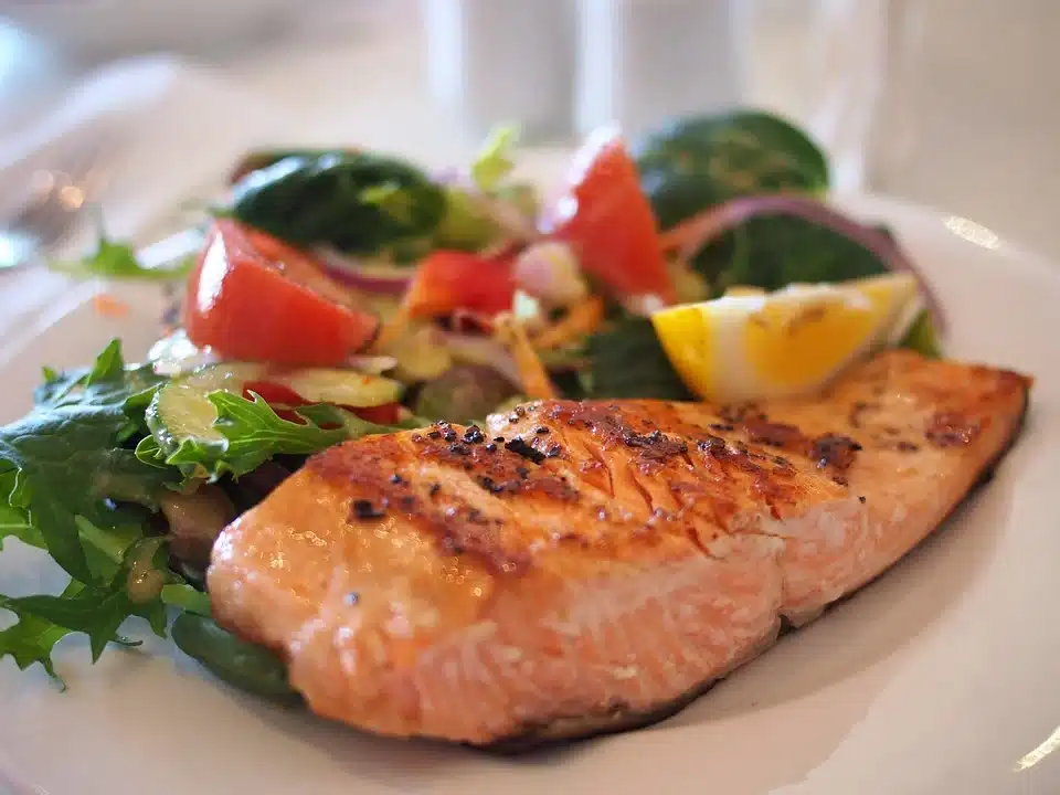 Gegrilltes Lachsfilet liegt mit frischem Salat und Zitronenscheibe auf einem weißen Teller.